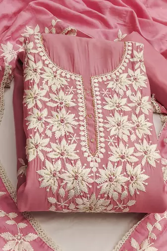 Pink color thread work roman silk straight churidar dress material