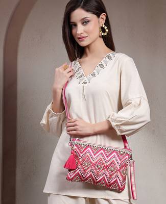 boho bright pink cotton chevron beaded sling bag 9