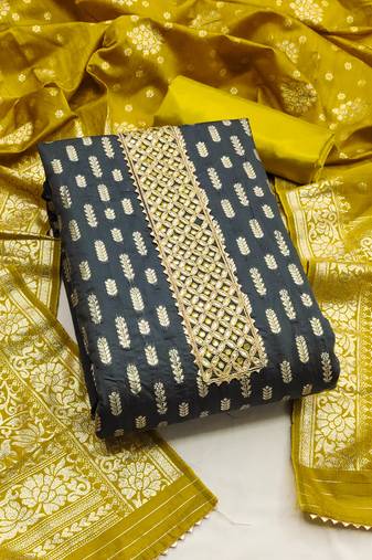 Grey color weaving banarasi jacquard straight churidar dress material