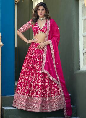 Rani Pink Embroidered Dola silk blend Jacquard Lehenga Choli 1