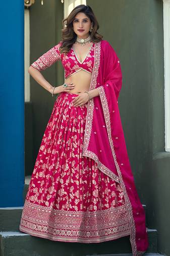 Rani Pink Embroidered Dola Silk Jacquard Designer Long Lehenga Choli