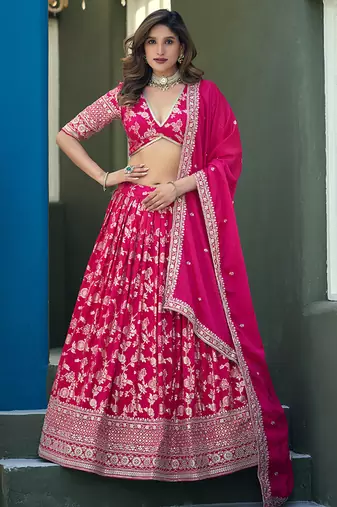 Rani Pink Embroidered Dola Silk Jacquard Designer Long Lehenga Choli