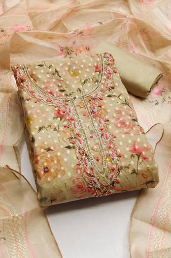 Beige color hand work banarasi jacquard straight churidar dress material