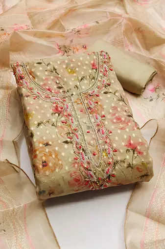 Beige color hand work banarasi jacquard straight churidar dress material