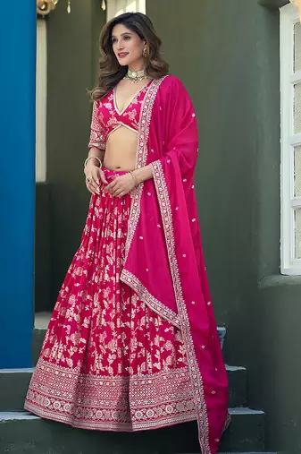 Rani Pink Embroidered Dola silk blend Jacquard Lehenga Choli