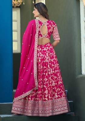 Rani Pink Embroidered Dola silk blend Jacquard Lehenga Choli 3