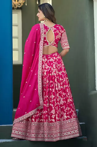 Rani Pink Embroidered Dola silk blend Jacquard Lehenga Choli