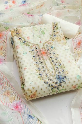 Off white color hand work banarasi jacquard straight churidar dress material