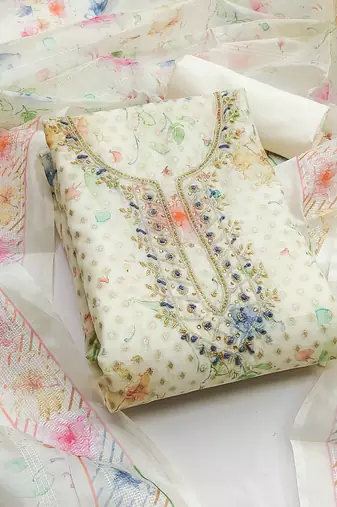 Off white color hand work banarasi jacquard straight churidar dress material