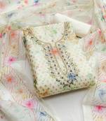 Off white color hand work banarasi jacquard straight churidar dress material