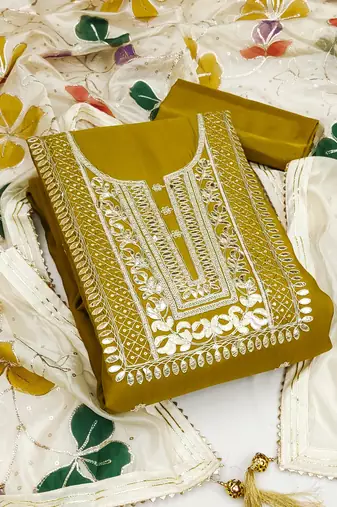 Lime color embroidered heavy roman silk straight churidar dress material