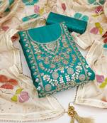 Teal color embroidered heavy roman silk straight churidar dress material