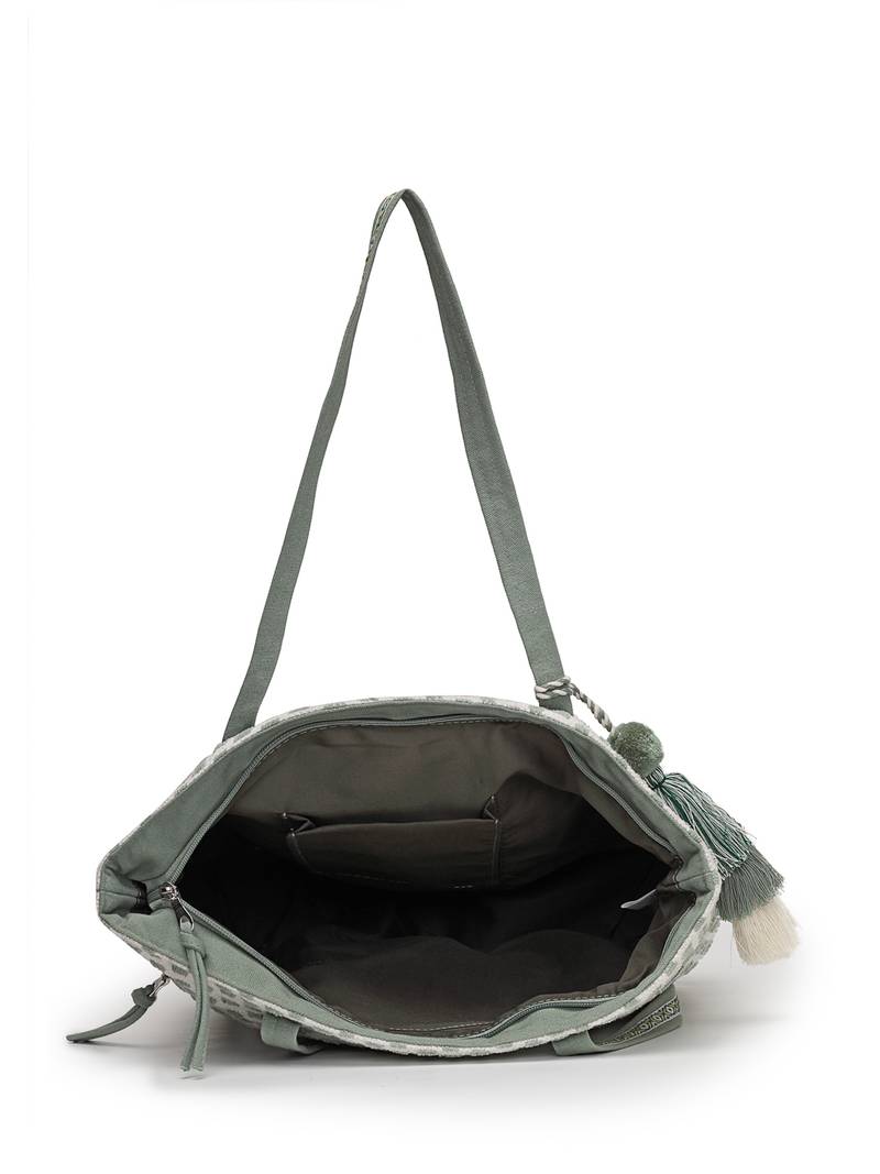 earth edit sage green cotton geometric jacquard tote bag