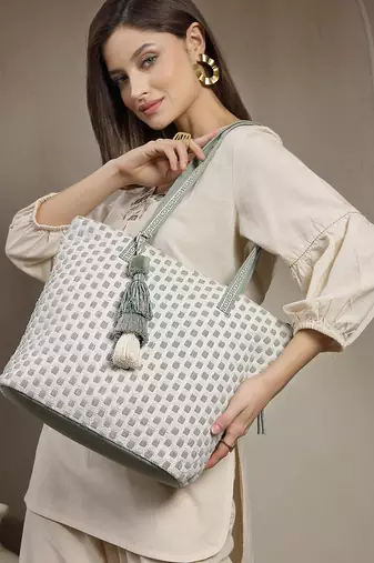 earth edit sage green cotton geometric jacquard tote bag