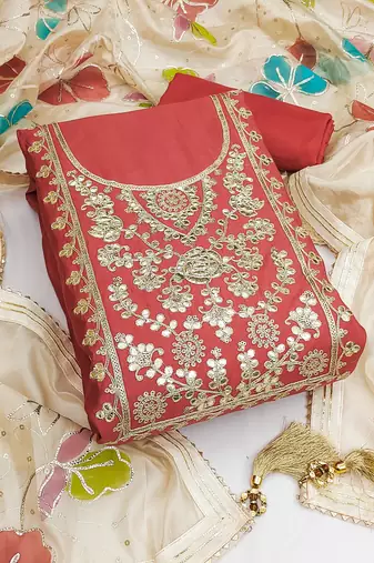 Peach color embroidered heavy roman silk straight churidar dress material