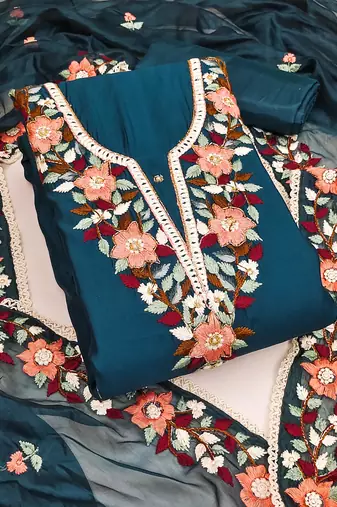 Teal color thread work heavy roman silk straight churidar dress material