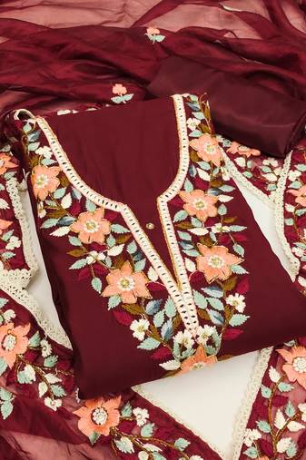 Maroon color thread work heavy roman silk straight churidar dress material