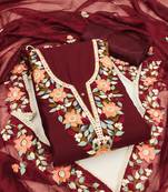 Maroon color thread work heavy roman silk straight churidar dress material