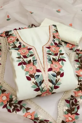 Off white color thread work heavy roman silk straight churidar dress material