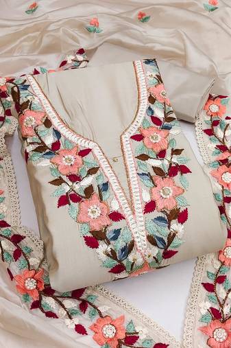 Cream color thread work heavy roman silk straight churidar dress material