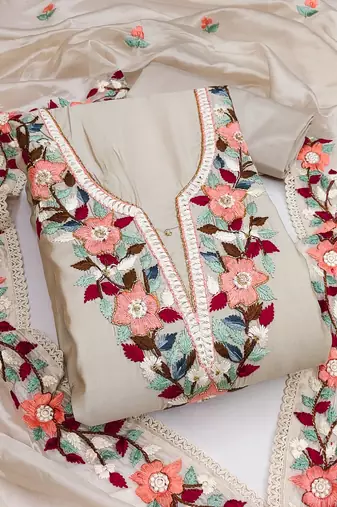 Cream color thread work heavy roman silk straight churidar dress material