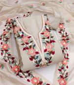 Cream color thread work heavy roman silk straight churidar dress material