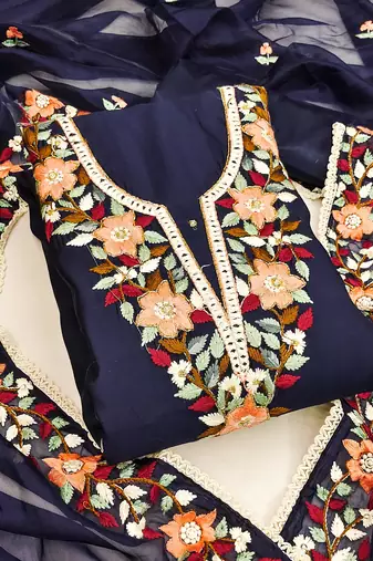 Navy blue color thread work heavy roman silk straight churidar dress material