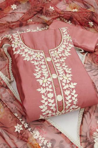 Pink color thread work heavy roman silk straight churidar dress material