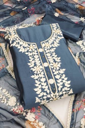 Grey color thread work heavy roman silk straight churidar dress material