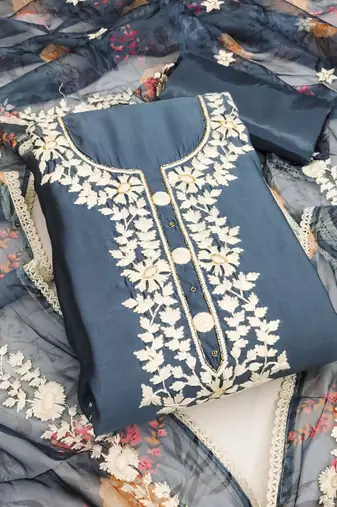 Grey color thread work heavy roman silk straight churidar dress material