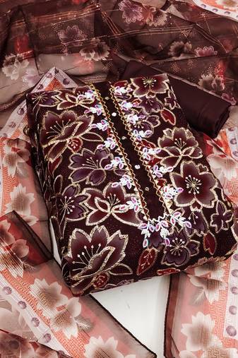 Maroon color sequence heavy organza straight churidar dress material