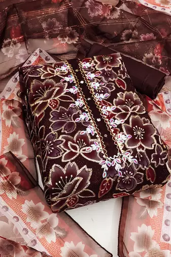 Maroon color sequence heavy organza straight churidar dress material
