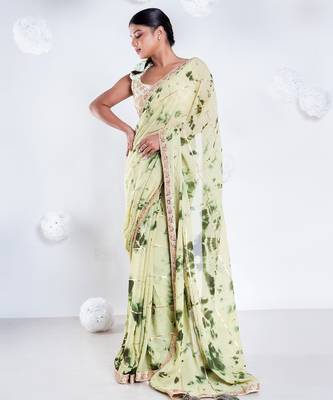 georgette saree in olive and green tie n dye with gota and golden zari border 1