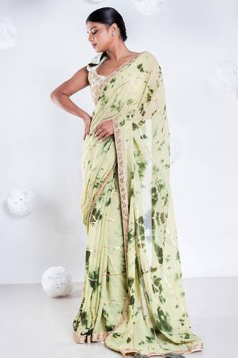 georgette saree in olive and green tie n dye with gota and golden zari border
