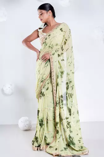 georgette saree in olive and green tie n dye with gota and golden zari border