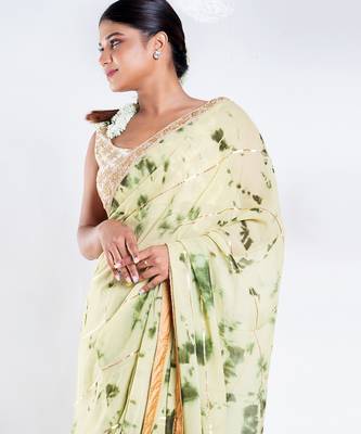 georgette saree in olive and green tie n dye with gota and golden zari border 2