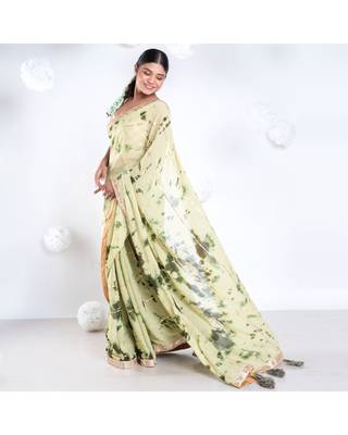 georgette saree in olive and green tie n dye with gota and golden zari border 3