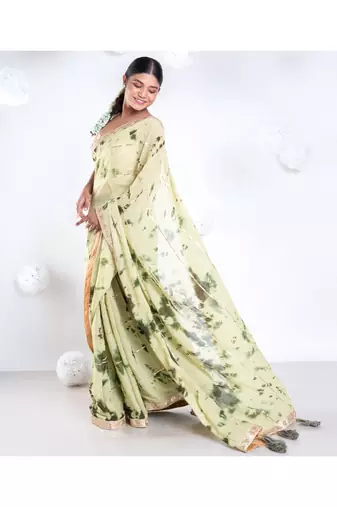 georgette saree in olive and green tie n dye with gota and golden zari border