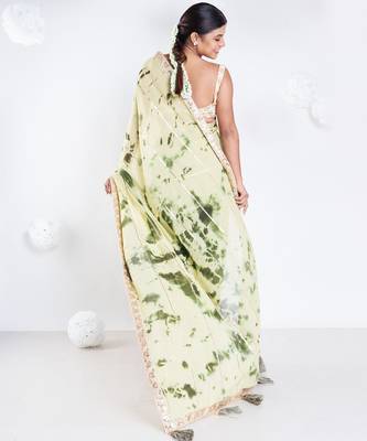 georgette saree in olive and green tie n dye with gota and golden zari border 4