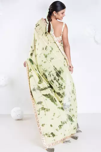 georgette saree in olive and green tie n dye with gota and golden zari border