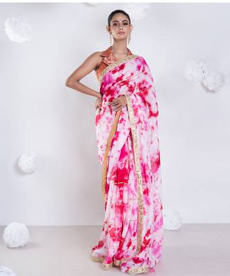 georgette saree in pink on pink tie n dye with gota and golden zari border 1