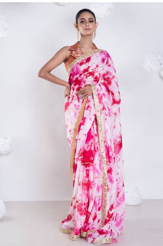 georgette saree in pink on pink tie n dye with gota and golden zari border