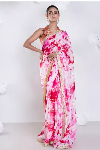 georgette saree in pink on pink tie n dye with gota and golden zari border