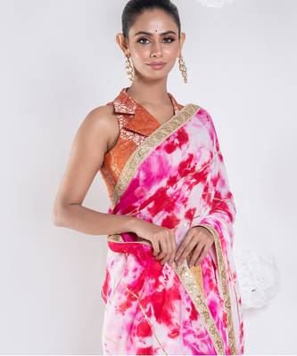 georgette saree in pink on pink tie n dye with gota and golden zari border 2