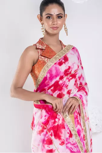 georgette saree in pink on pink tie n dye with gota and golden zari border