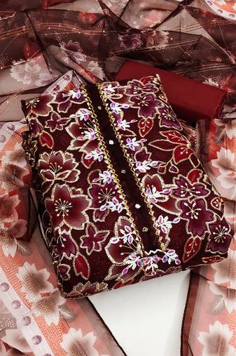 Red color sequence heavy organza straight churidar dress material