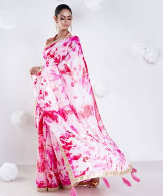 georgette saree in pink on pink tie n dye with gota and golden zari border 3