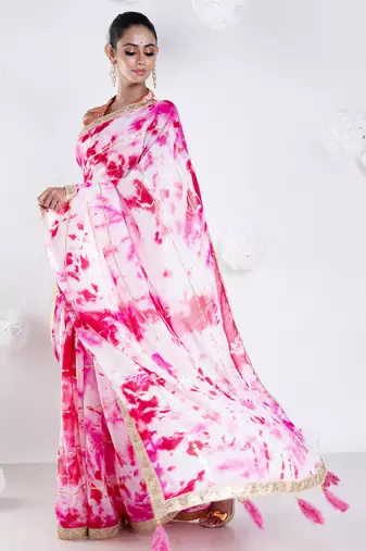 georgette saree in pink on pink tie n dye with gota and golden zari border