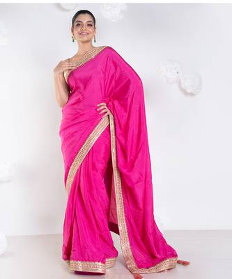 habutai silk blend blend saree with pink color with golden embroidered border 1