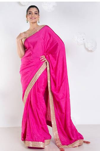 habutai silk blend saree with pink color with golden embroidered border